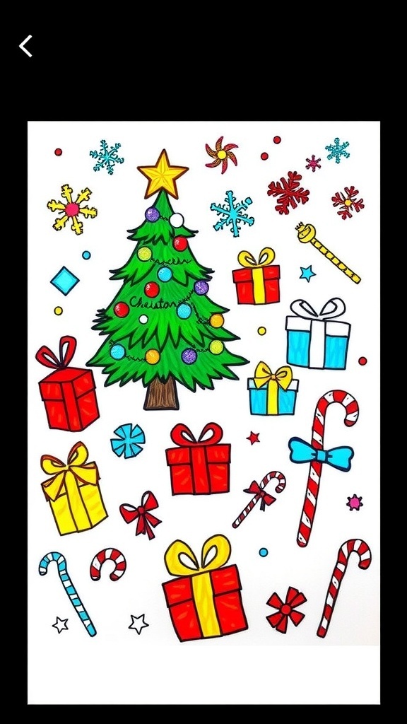 Colorful Christmas doodles featuring a tree, snowflakes, gifts, and candy canes on a white background.